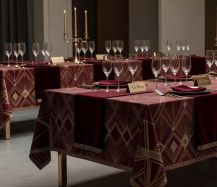 Scenografia wieczoru tematycznego w stylu Art Deco z eleganckimi stołami i oświetleniem
