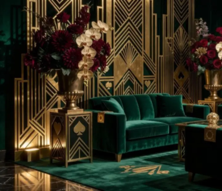 Scenografia Art Deco z geometrycznymi wzorami i burgundowymi akcentami