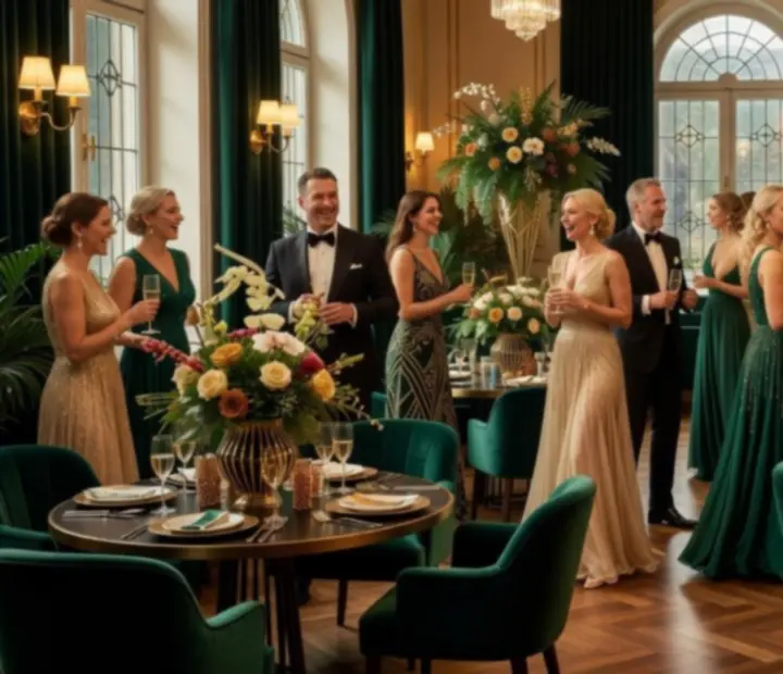 Eleganckie urodzinowe przyjęcie z motywem casino w Warszawie, stoły z kartami i dekoracjami Art Deco