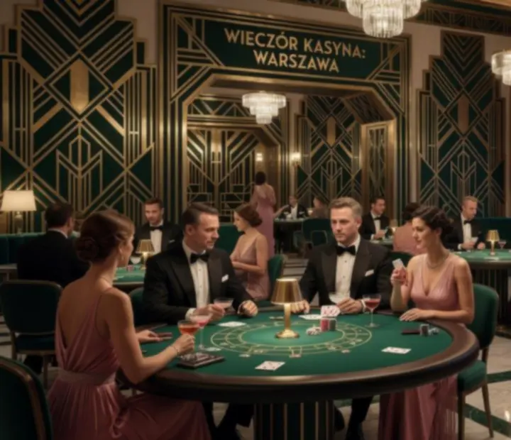 Elegancka przestrzeń Casino Night w stylu Art Deco z fizycznymi stołami do gier