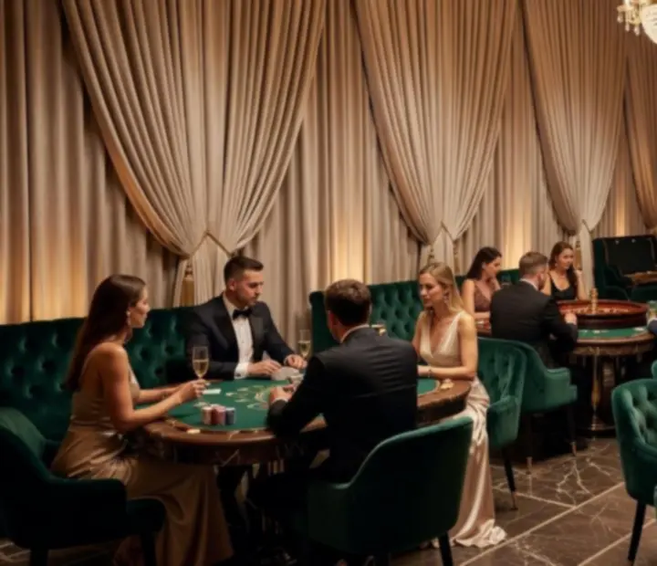 Elegancka przestrzeń eventowa przekształcona w Casino Night z fizycznymi stołami do gry