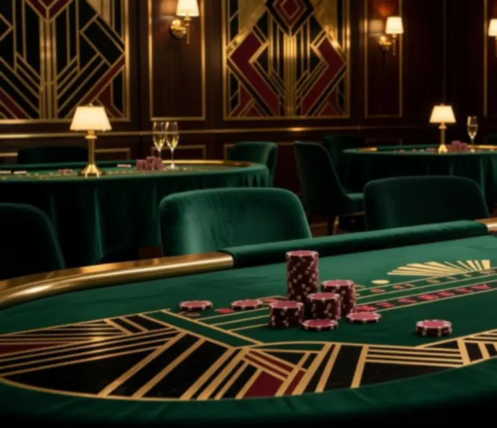Strefy scenografii art déco z obrusami, szkłem i stołami do gier podczas Casino Night