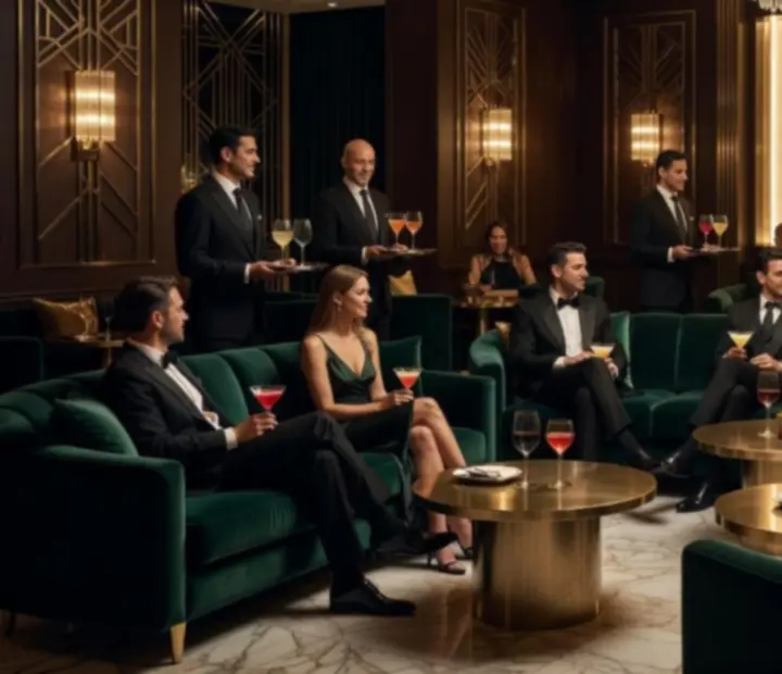 Elegancka strefa lounge z koktajlami i sofami w stylu art déco