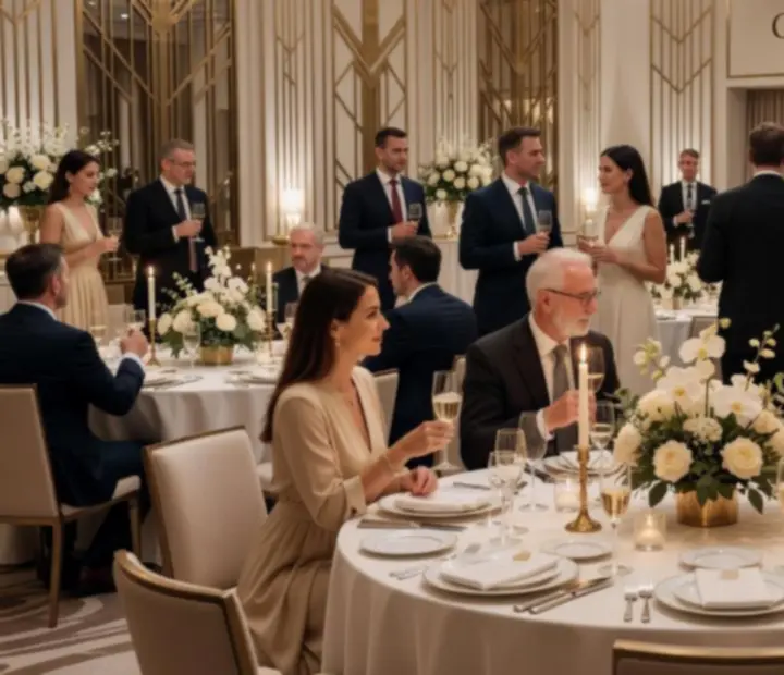 Uroczysta kolacja firmowa w eleganckim wnętrzu z okrągłymi stołami i nastrojowym oświetleniem