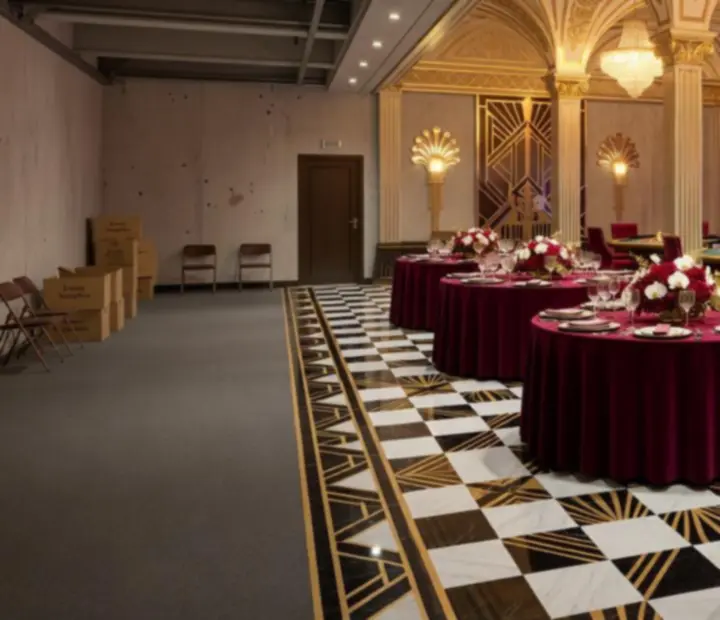 Porównanie sali przed i po aranżacji Art Deco z kącikiem kasynowym