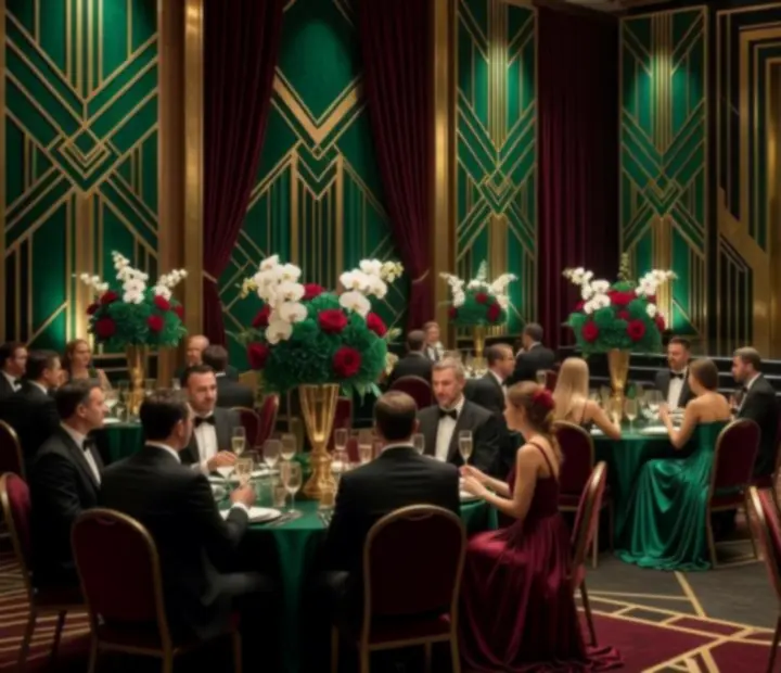 Gala nagród w stylu Velvet House – scena z burgundowymi akcentami, florystyką i światłem art deco.