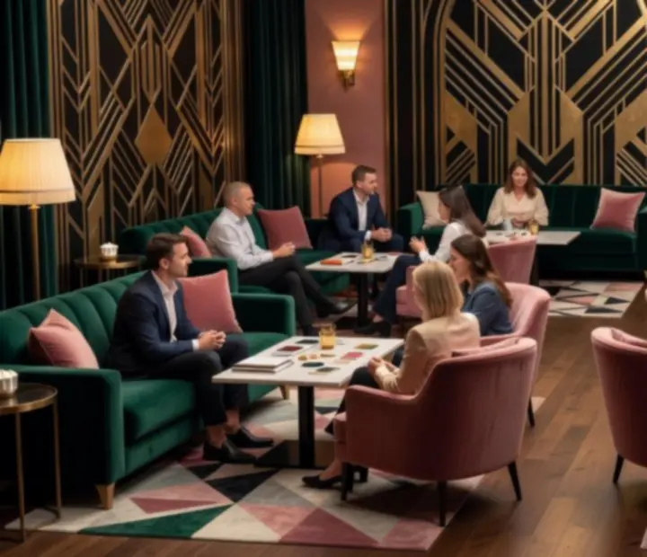 Art Deco impreza integracyjna z geometryczną scenografią i nastrojowym światłem