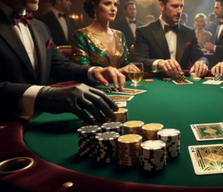 Stylowy Poker Event z fizycznym stołem, kartami i żetonami w ciepłym oświetleniu