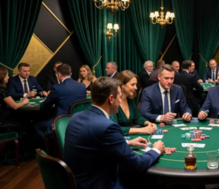Elegancka sala eventowa podczas Poker Event – stoły pokerowe, emocje przy grze i scenografia w stylu Art Deco