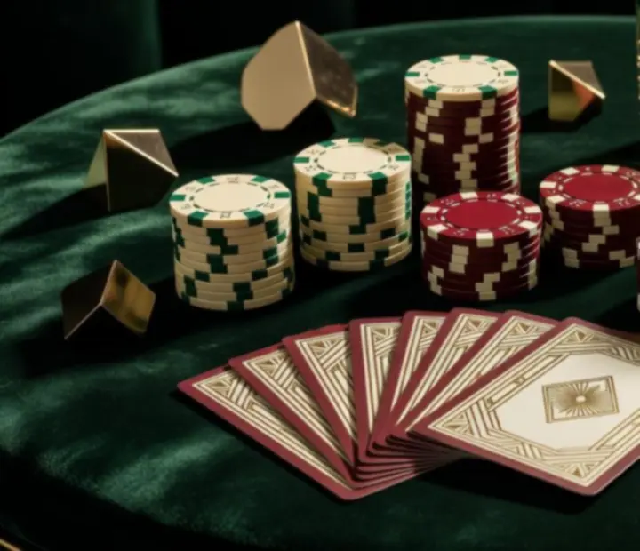 Zbliżenie na eleganckie karty, żetony i stolik pokerowy w geometrycznej scenografii Art Deco