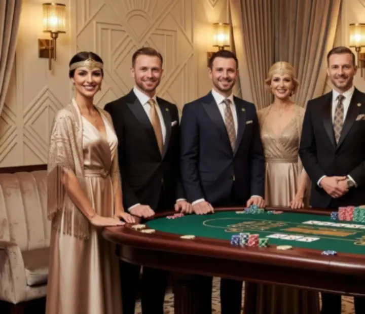Profesjonalny zespół krupierów i hostów prowadzących elegancki wieczór pokerowy w stylu Art Deco