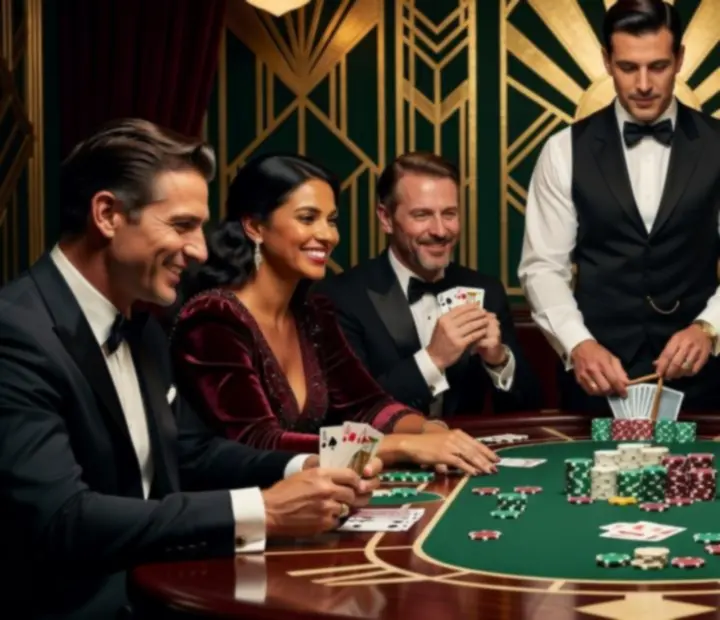 Goście rozmawiają przy fizycznym stole pokerowym z kartami i żetonami w eleganckiej, art déco scenografii