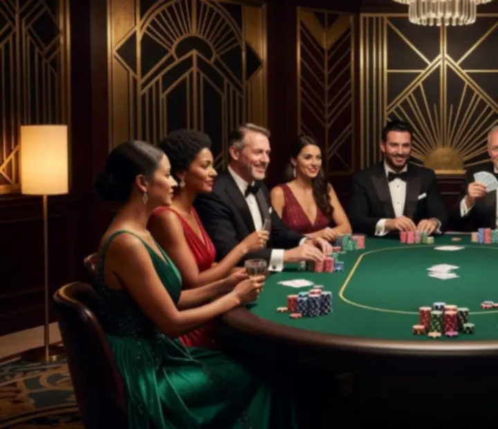 Fizyczne stoły pokerowe z kartami, żetonami i gospodarzami podczas eventu