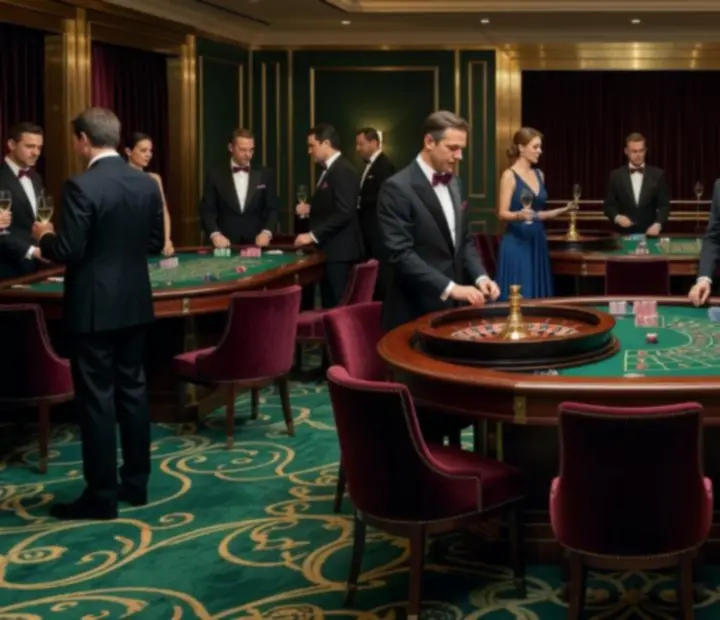 Prywatna strefa Casino Night z fizycznymi stołami do pokera, ruletki i blackjacka, elegancka scenografia