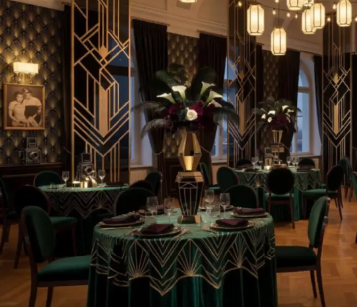 Przed i po transformacji warszawskiej przestrzeni na prywatne przyjęcie, dekoracje art deco, oświetlenie