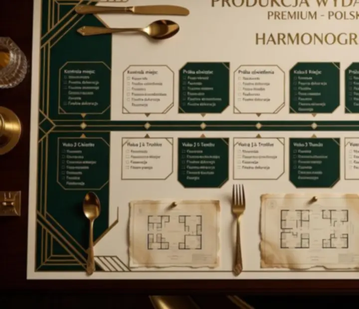 Diagram produkcji wydarzenia w stylu Art Deco z linią czasu i oznaczeniami etapów