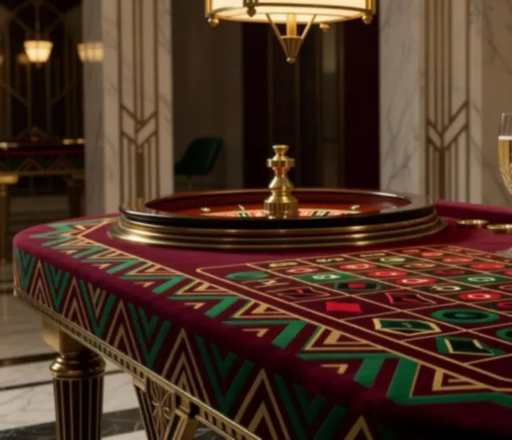 Stół ruletki w stylu Art Deco z geometryczną scenografią i eleganckim oświetleniem