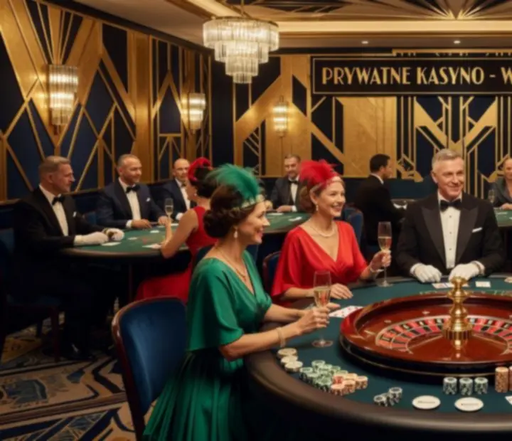 Sala przygotowana na elegancki wieczór Casino Night z fizycznymi stołami do gry
