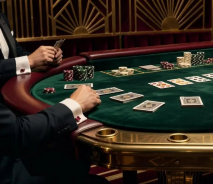 Drewniany stół do gier z zielonym suknem w otoczeniu eleganckiej scenografii