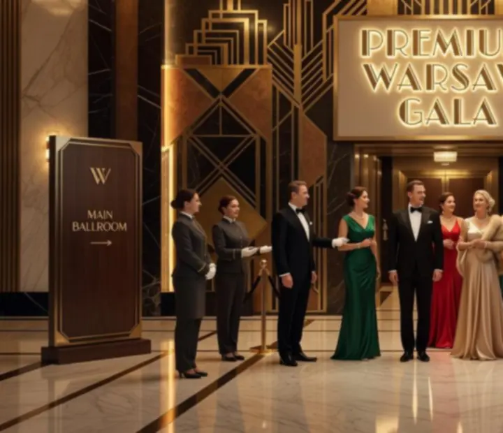 Elegancka strefa wejścia na event z geometryczną ścianą i signage