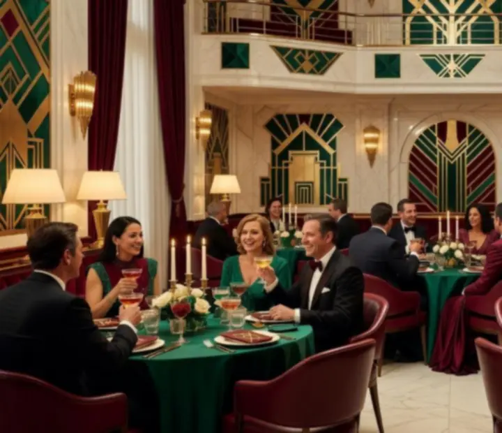 Wieczór tematyczny w stylu Art Deco z geometrycznymi dekoracjami i eleganckim oświetleniem