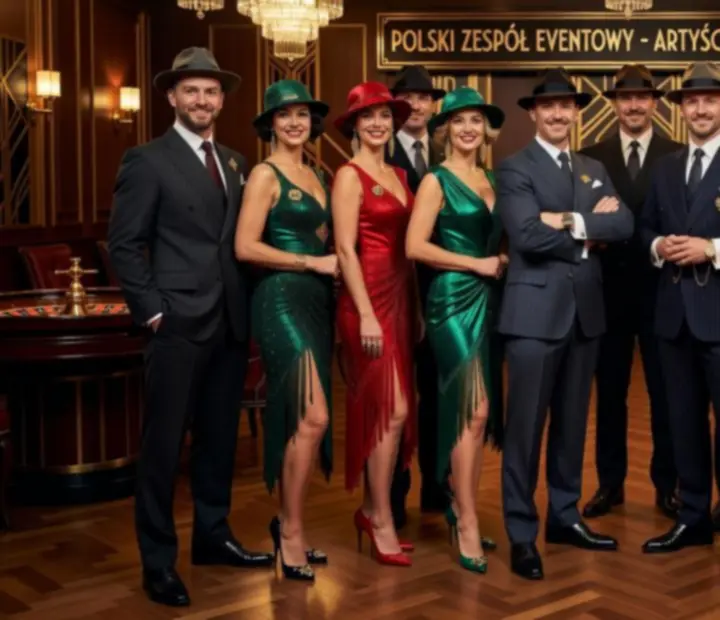 Zespół eleganckich hostów i animatorów obsługujących event.